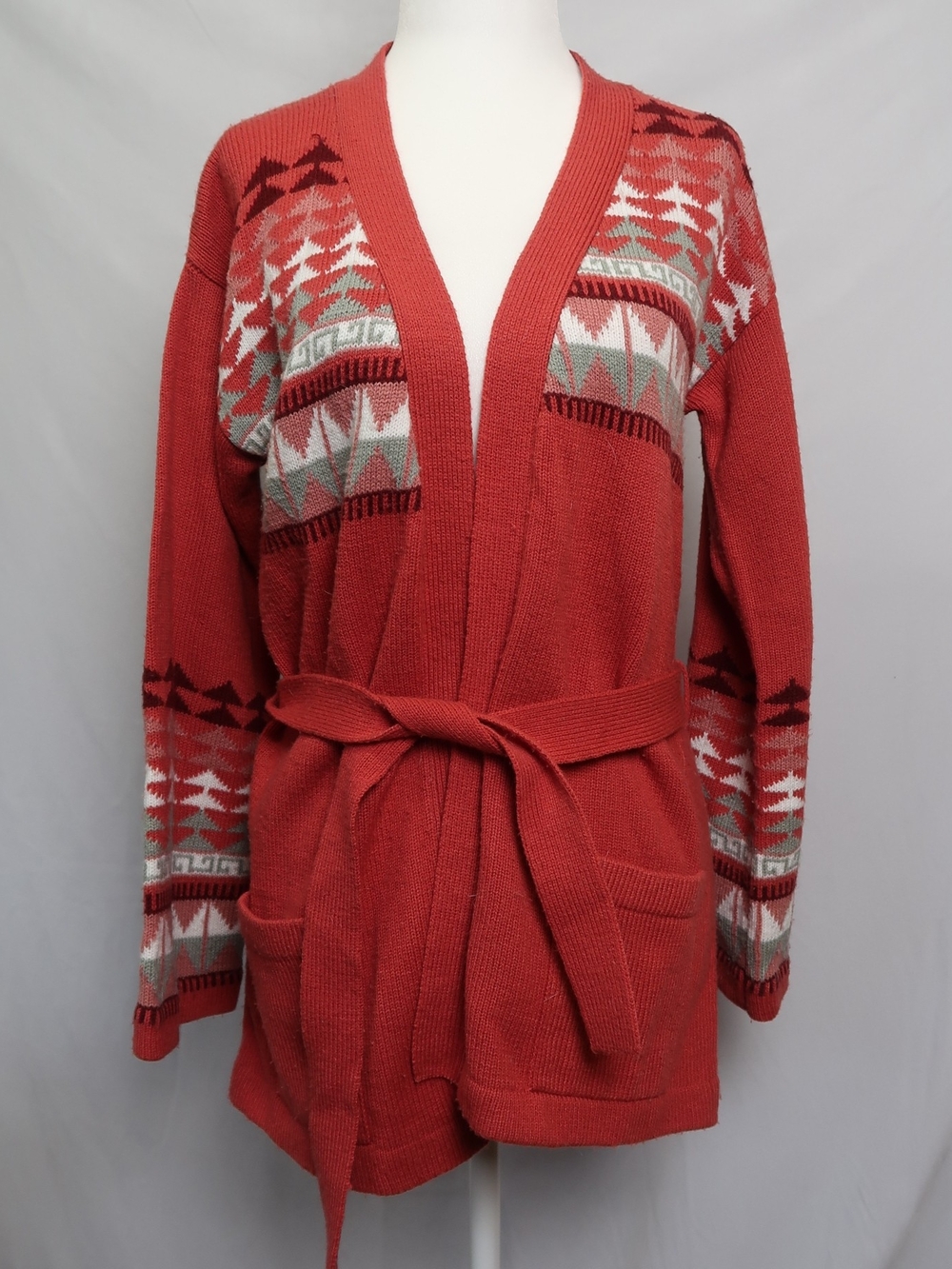 Coral Pink Patterned Belted Women's Cardigan Sweater